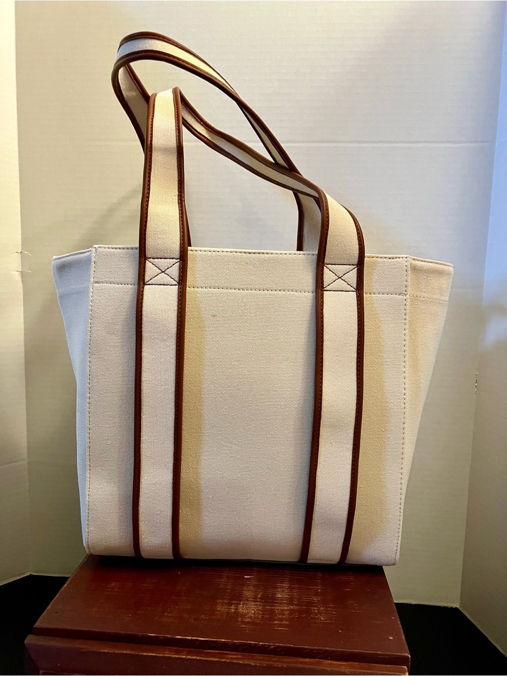 Anne Klein Cream Canvas Tote with Brown Trim and Double Handles - Picture 3 of 10